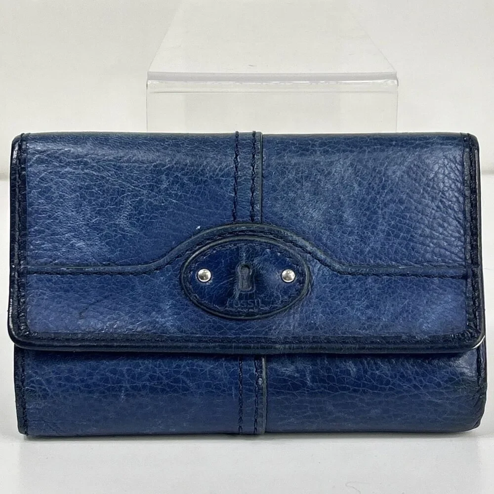 Fossil Leather Small Wallet Trifold Blue Credit Card ID Window Money Change